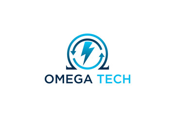 Omega symbol with electric lightning, modern electrical technology icon illustration.