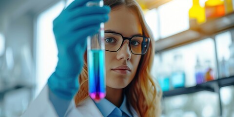 young attractive girl scientist wearing holding a test tube with a colorful liquid inside, British science week