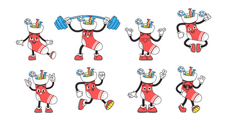 Groovy Christmas Socks Characters, Vibrant Animated Personages in Retro Style Dancing Exercise with Barbell