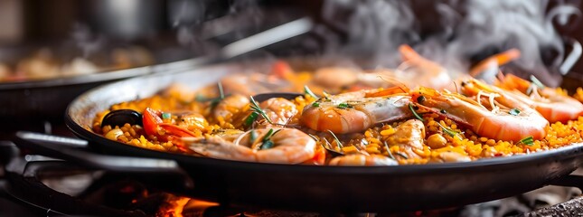 Traditional Spanish Paella - Authentic Culinary Delight with Minimalist Background, closeup view