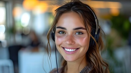 a woman wearing a headset smiles at the camera while smiling at the camera with a smile on her face