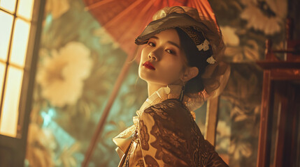 vintage-inspired fashion shoot, showcasing a korean model adorned in retro attire