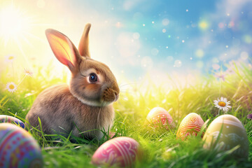 Fototapeta na wymiar Easter Bunny with Colorful Eggs in Sunlit Grass