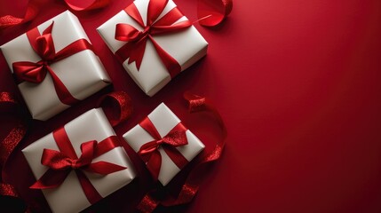 Minimalist White Gift Boxes - Shiny Red Ribbons on Red Background, Valentine's Day Concept