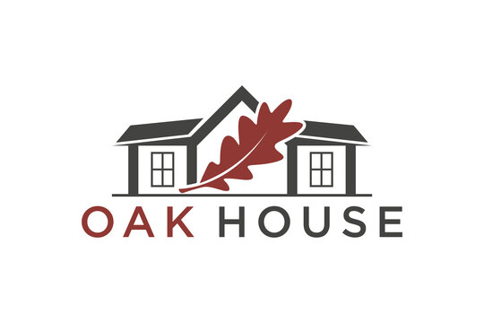 Classic house design logo with oak leaf elements, real estate business property