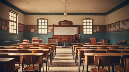 Empty classroom with vintage tone wooden chairs. Back to school concept.
