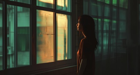 a woman standing in front of a window - obrazy, fototapety, plakaty