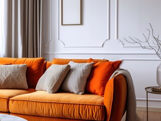 Scandinavian Living Room Interior with Cozy Sofa and Orange Cushions against White Wall