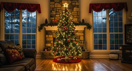 Cozy Christmas: Festive Living Room with Decorated Tree and Warm Lighting
