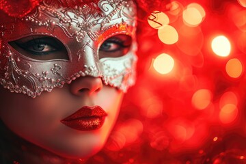 Enigmatic Elegance: Woman in Carnival Mask Amid Glowing Red Background