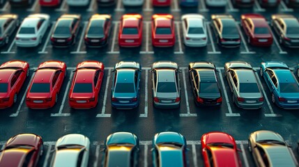 a parking with lots of colorful cars - obrazy, fototapety, plakaty