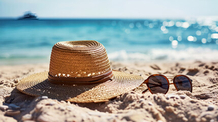 Sandy shore with stylish hat and sunglasses. Beach life, travel and vacations. Beach day essentials on soft golden sands. Seaside serenity, accessories on the beach
