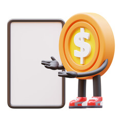 3D money coin Character Holding Blank Paper