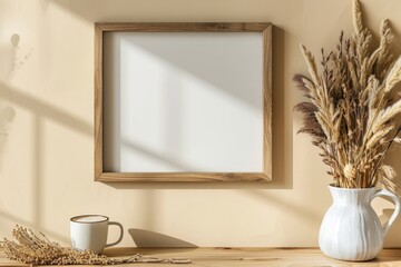 Boho-Inspired Interior: Empty Wooden Picture Frame Mockup on Beige Wall with Floral Vase and Coffee Cup. Modern Home Office DÃ©cor