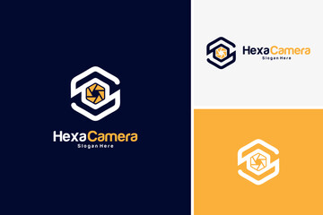 Vector creative hexagon camera lens photo technology pixel logo design template - obrazy, fototapety, plakaty