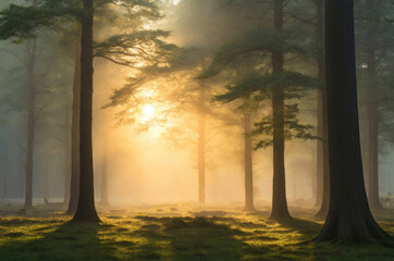 A Serene tranquil forest at dawn, with light filtering through the trees