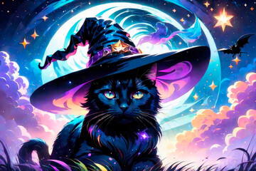 A beautiful black cat wearing a witch hat on the head, on a beautiful night with a very bright moon.