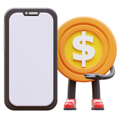 3D money coin Character Presenting Blank Smartphone Screen
