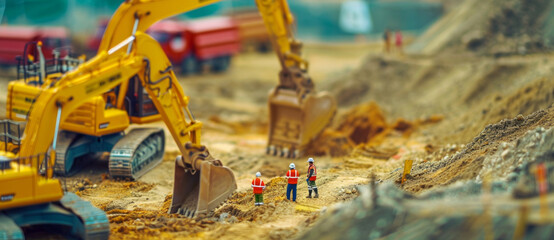 Miniature construction site comes to life: Tiny workers and diggers shape a small-scale world - obrazy, fototapety, plakaty