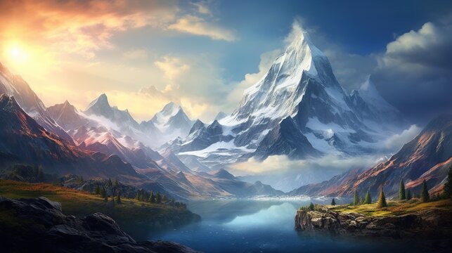 Amazing mountain with charming snowy peaks overlooking a stunning view concept. Created with Generative AI