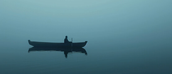 Fototapeta na wymiar A solitary figure pauses in a boat on a misty lake, enveloped by a hushed, blue stillness
