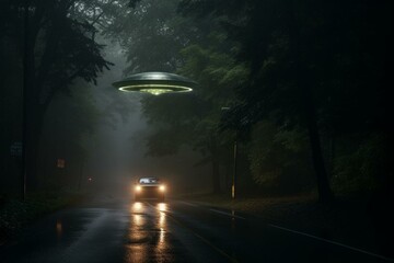 Glowing UFO hovers over forest street as a car escapes under rainy skies on a wet road to avoid alien abduction. Generative AI