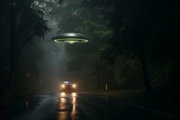Foto op Plexiglas Glowing UFO hovers over forest street as a car escapes under rainy skies on a wet road to avoid alien abduction. Generative AI © Vance