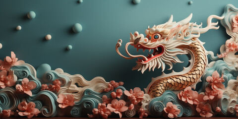 Obraz premium Banner with chinese dragon and elements over teal background with copy space. Shallow depth of field. 