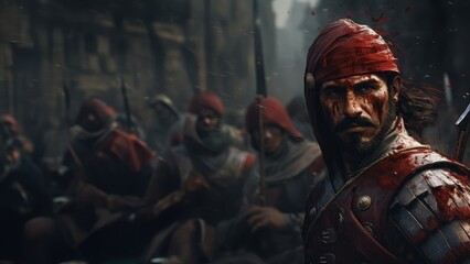 In the aftermath of the battle for Constantinople, an Ottoman soldier displays a bloodied face, bearing the scars of conquest.Generated image - obrazy, fototapety, plakaty
