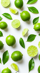 Fresh green limes and leaves scattered on a white background, showcasing whole and sliced fruits, perfect for culinary and nutritional content, vibrant and refreshing. 