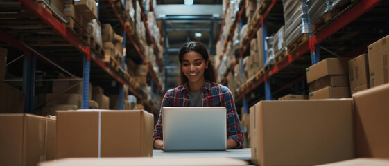 A content entrepreneur manages logistics with a laptop in a bustling warehouse, surrounded by the organized chaos of commerce