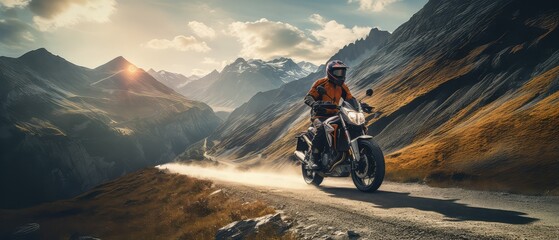 Motorcycle. Professional motorbike rider, riding with high speed in the mountains. Way. Concept of motosport, speed, hobby, journey, activity. Motorcyclist riding on mountain road at sunset. Sport - obrazy, fototapety, plakaty