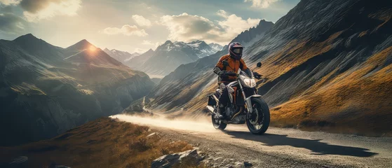 Foto op Canvas Motorcycle. Professional motorbike rider, riding with high speed in the mountains. Way. Concept of motosport, speed, hobby, journey, activity. Motorcyclist riding on mountain road at sunset. Sport © Ruslan Shevchenko