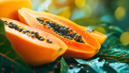 A sliced ripe papaya with vibrant orange flesh and black seeds exposed. The papaya is placed on top of wet green leaves. The background is blurred with bokeh effect. - obrazy, fototapety, plakaty