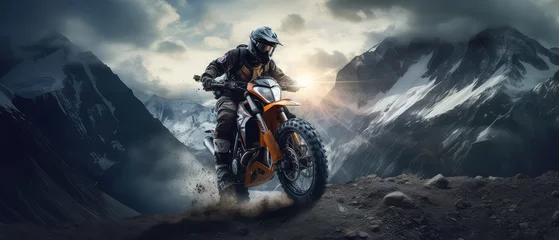 Foto op Plexiglas Motorcycle. Professional motorbike rider, riding with high speed in the mountains. Way. Concept of motosport, speed, hobby, journey, activity. Motorcyclist riding on mountain road at sunset. Sport © Ruslan Shevchenko