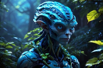 character blu alien in a forest scenery