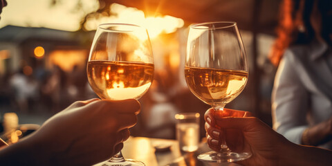 Close up of hands toasting with white wine at a restaurant.