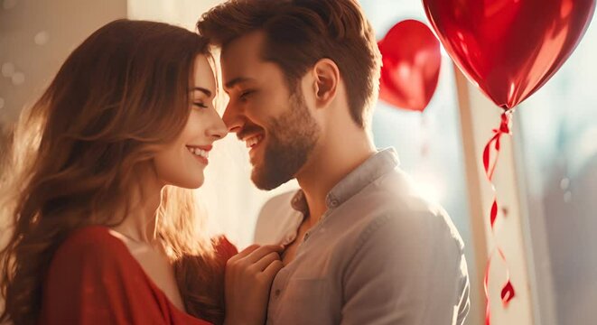 A romantic couple close together with heart-shaped balloons in the background.