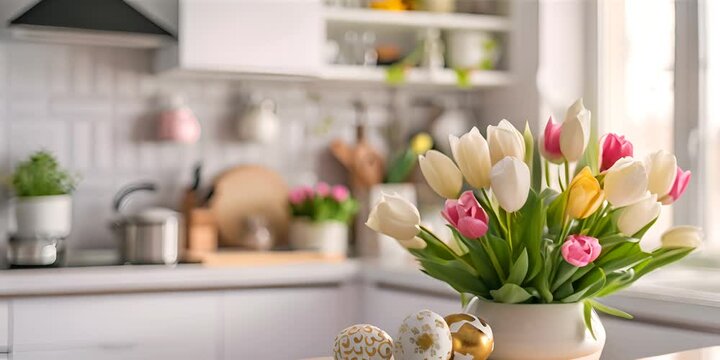 Bright tulips in a vase on a kitchen counter with decorative Easter eggs.