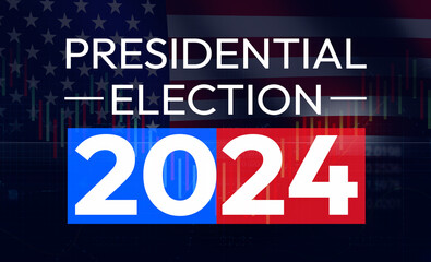 Economy of the United States and Presidential Election 2024 concept background with American flag and typography