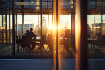 Business people workers at work in meeting for resolution business new year plans sunset background.