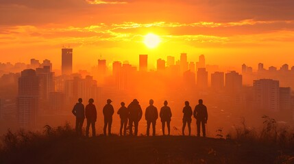 Fototapeta premium people at sunset, a group of people standing on top of a hill looking at the sun setting over a cityscape