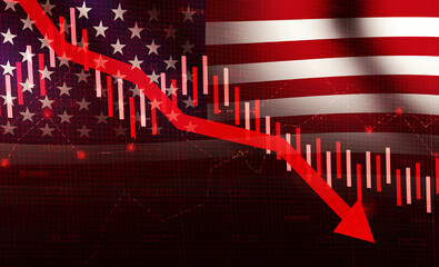 Falling Economy of USA concept background with red graph going down and waving flag. American economy going down with flag in the backdrop design