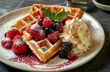 Belgian Waffle Delight - Berries and Ice Cream on a Plate of Warm Waffles