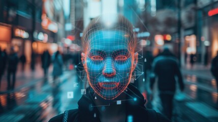 A digital biometric face scan overlay on a woman in a bustling city street - obrazy, fototapety, plakaty