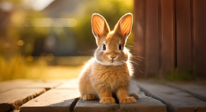 A cute brown rabbit with large ears sits on a wooden surface in soft sunlight.