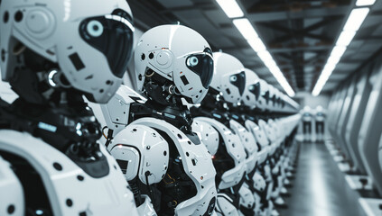 Fototapeta premium Robot queue, rows of robots answering customer calls as customer service, artificial intelligence, future robots working for the factory,3d robots