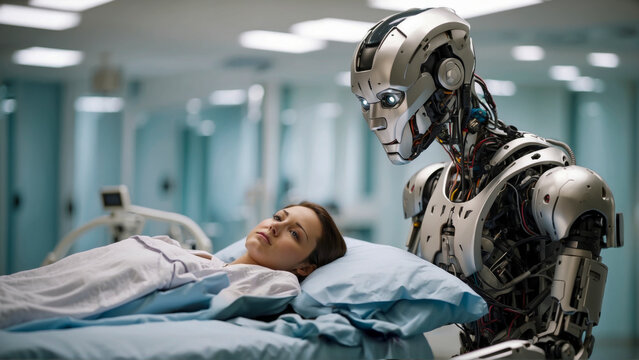 Futuristic Medicine and Health Care: AI Robot Doctor Attends to a Patient in Modern Hospital 