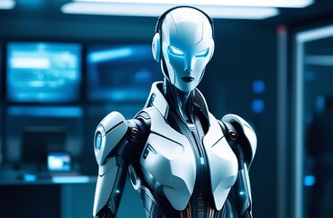 Cyborg Robot At Work,Evil Eyes,White Robot,Cyborg Woman At Work,Cybrnetic Style - obrazy, fototapety, plakaty