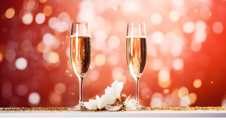 valentines day background with champagne glasses on red